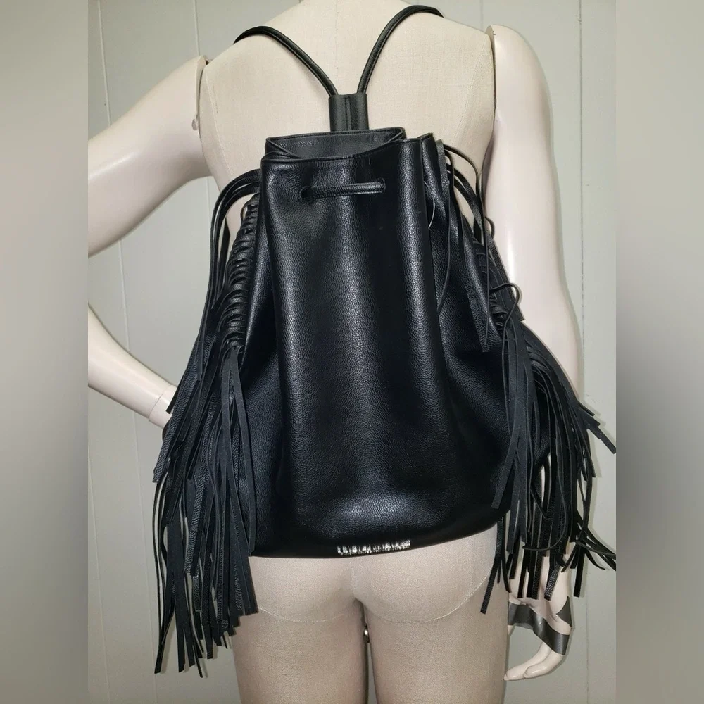 Victoria's Secret Black Faux Leather Fringe Hobo Women's Backpack